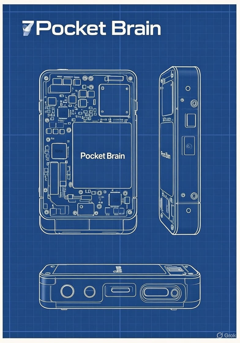 Blueprint showing internal, side and bottom views of a Pocket Brain handheld device.