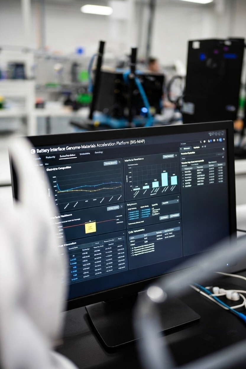 Laboratory monitor displaying a battery materials research dashboard beside test equipment.