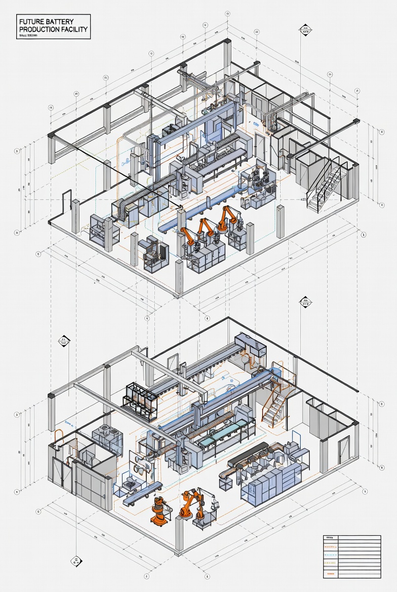 Isometric cutaway drawing of a battery production facility with machinery arranged across two levels.
