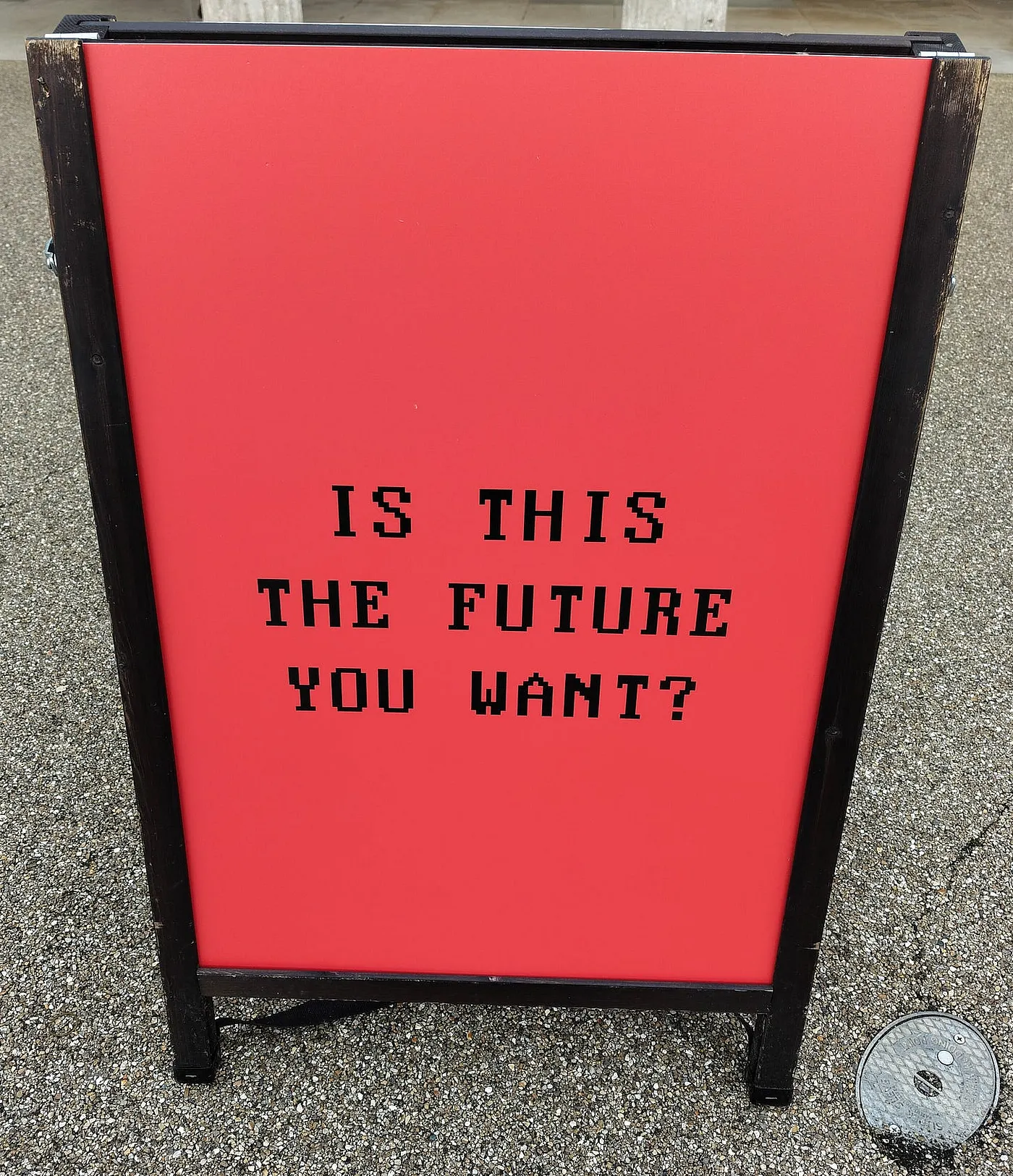 Red pavement sign with the words, Is this the future you want?