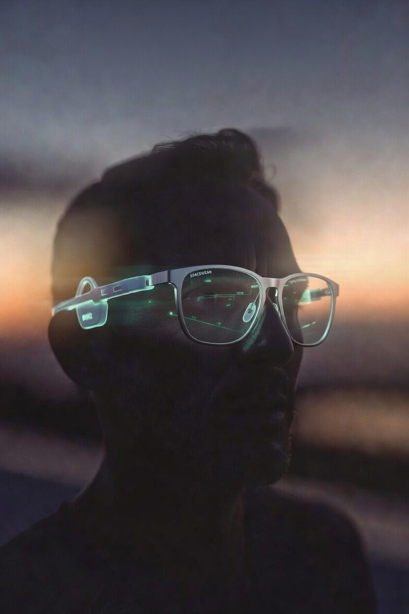 Person wearing transparent smart glasses with interface graphics visible on the lenses.