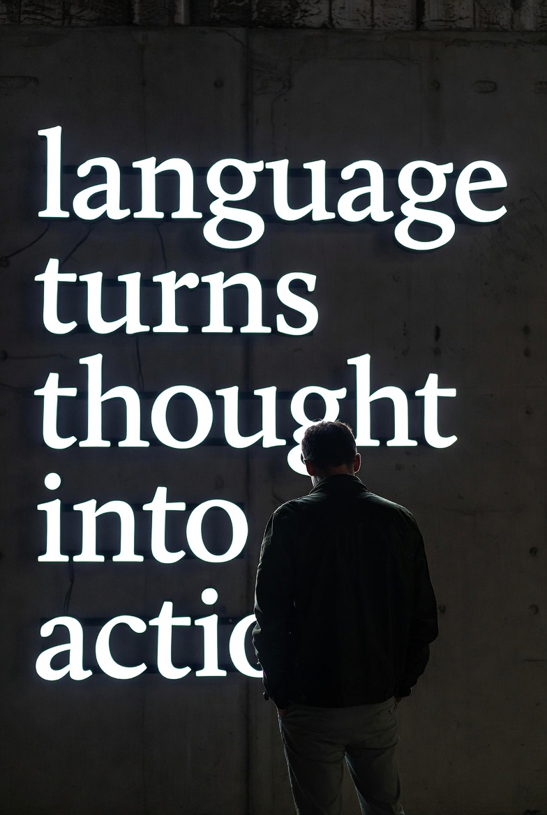 Figure facing projected words that read, language turns thought into action.