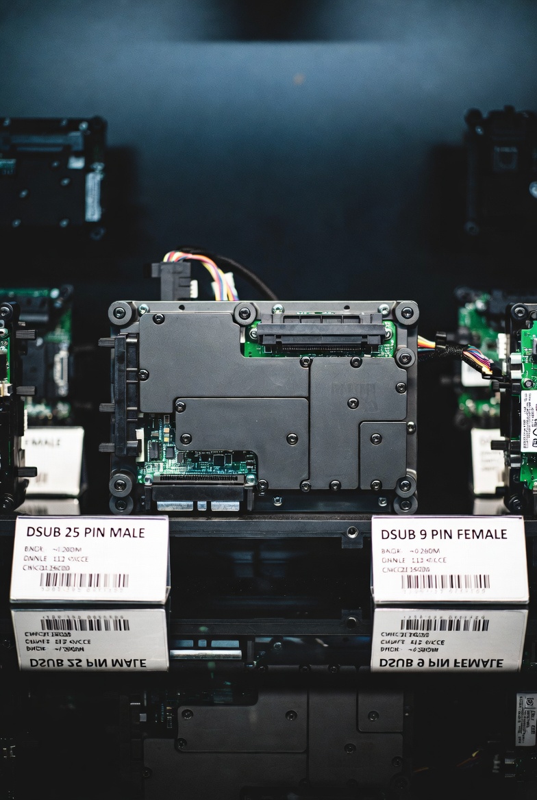 Black modular electronics unit with cable connectors and identification labels on a test bench.