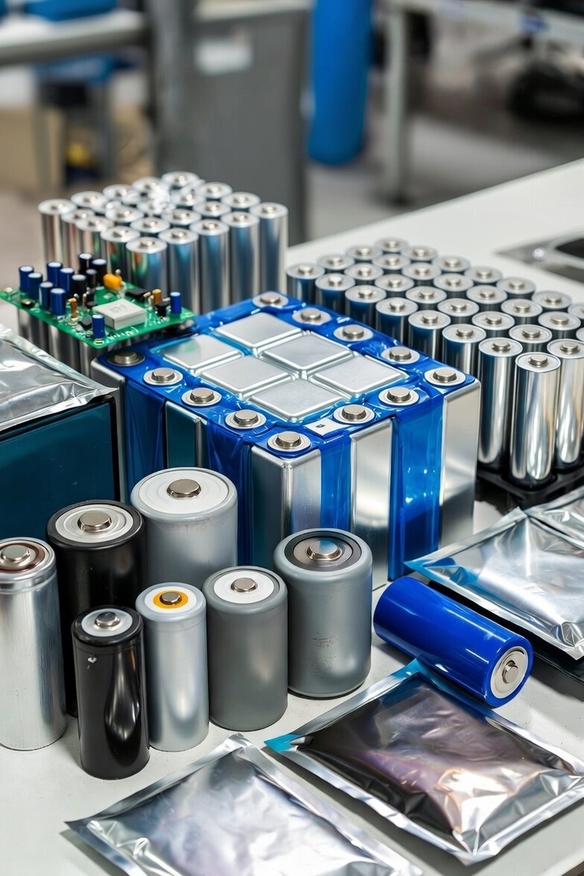 Assorted cylindrical and pouch battery cells arranged around a blue battery module.